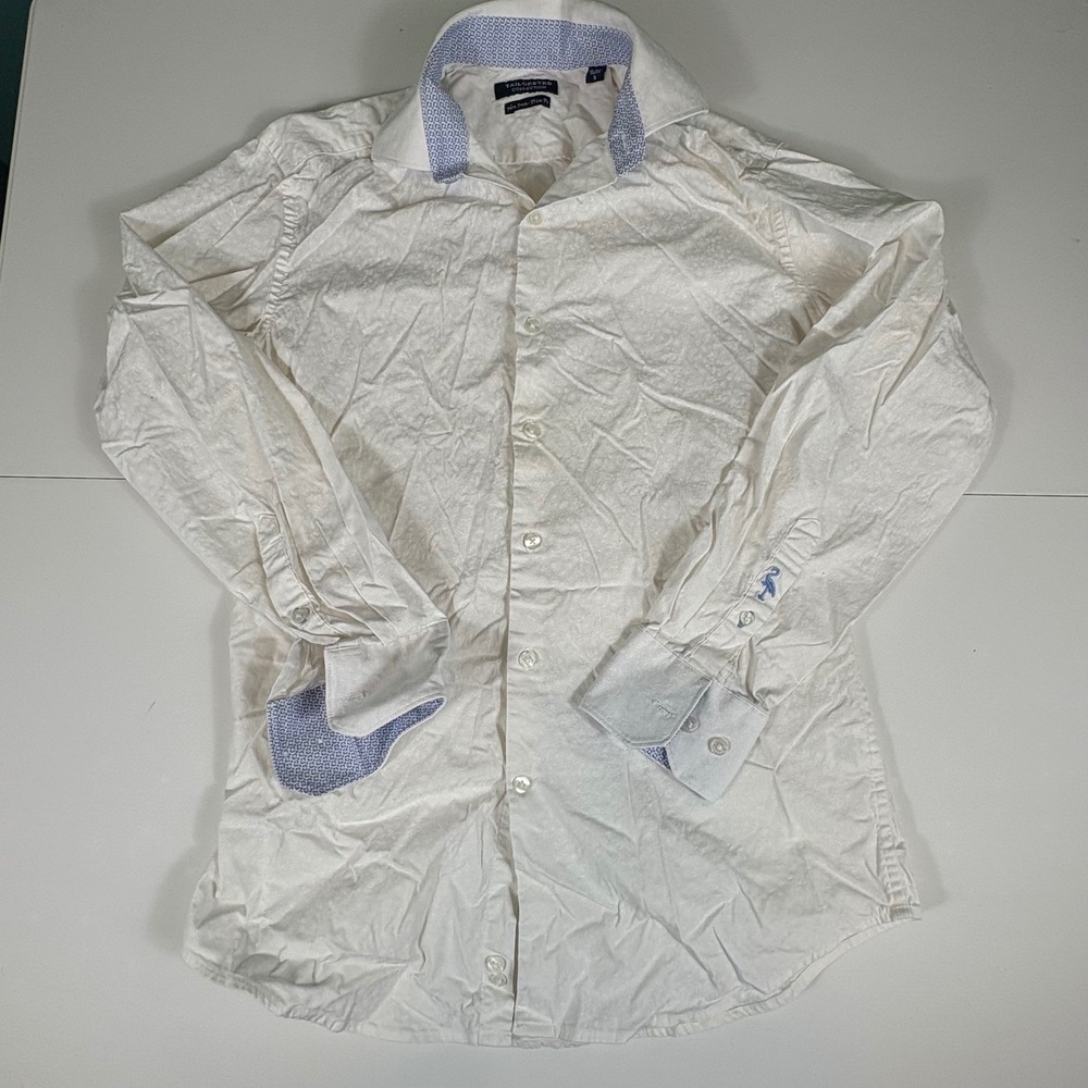 Tailorbyrd Mens Dress Shirt Small White Blue Trim‎ Non Iron Button Up